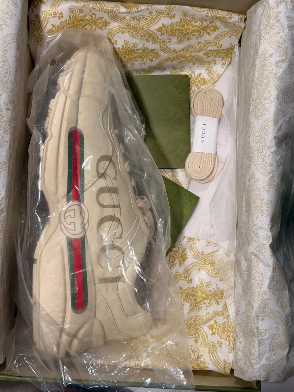 Gucci Cream Leather Sneaker with Green and Red Web Stripe